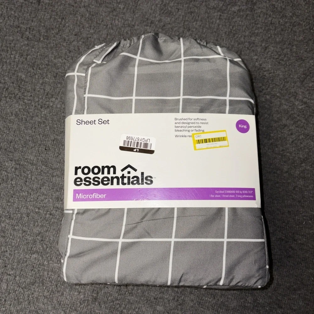 Room Essentials KING Microfiber Wrinkle Resistant Sheet Set Gray With Stripes